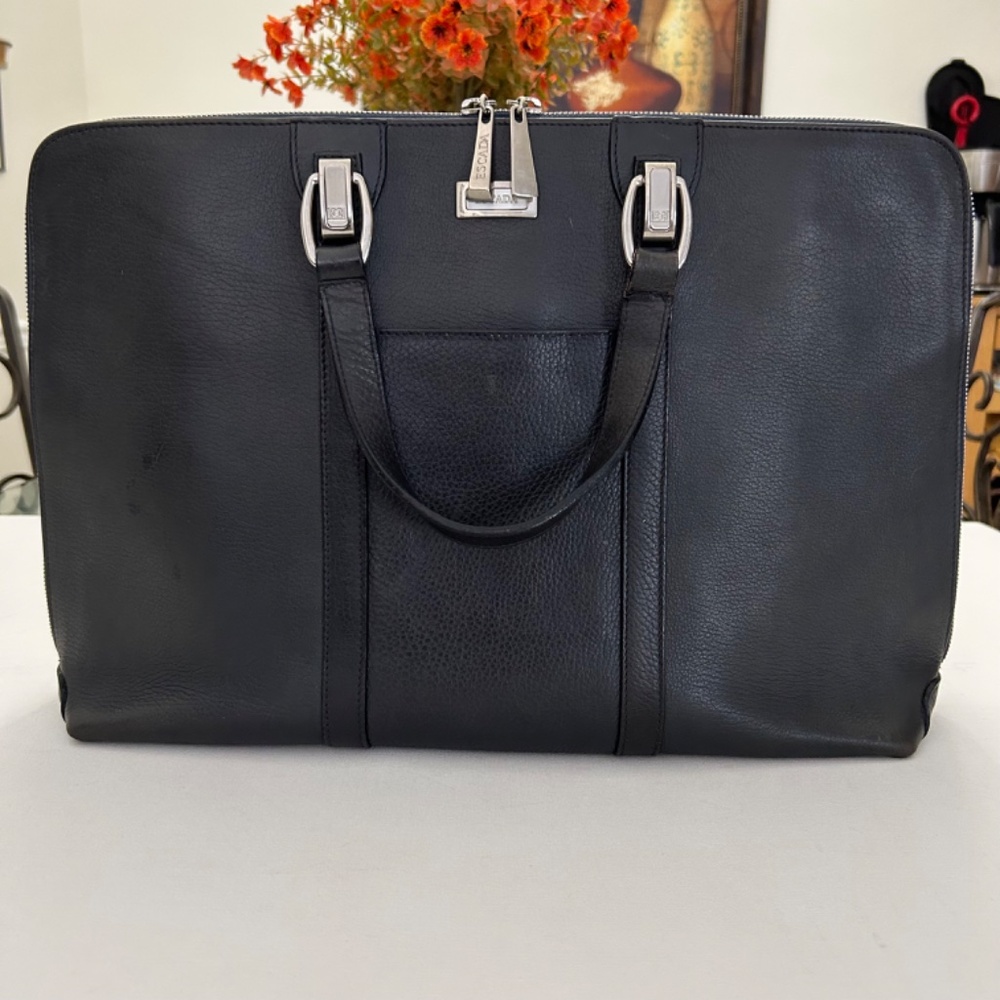 Rare Escada Vintage Black Pebbled Leather Tote, Business Bag, or Briefcase